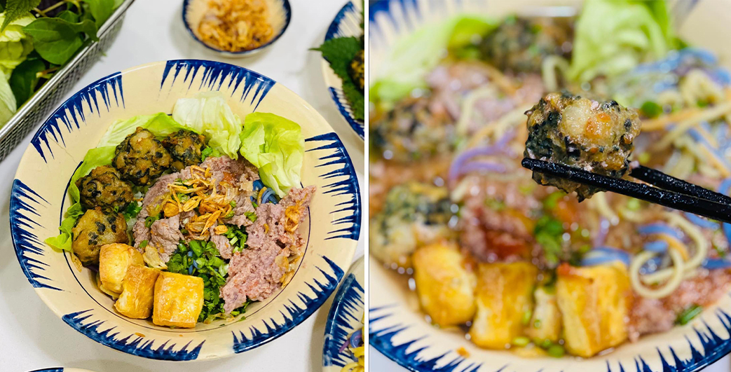 Thành phẩm là tô bún riêu tôm thơm ngon